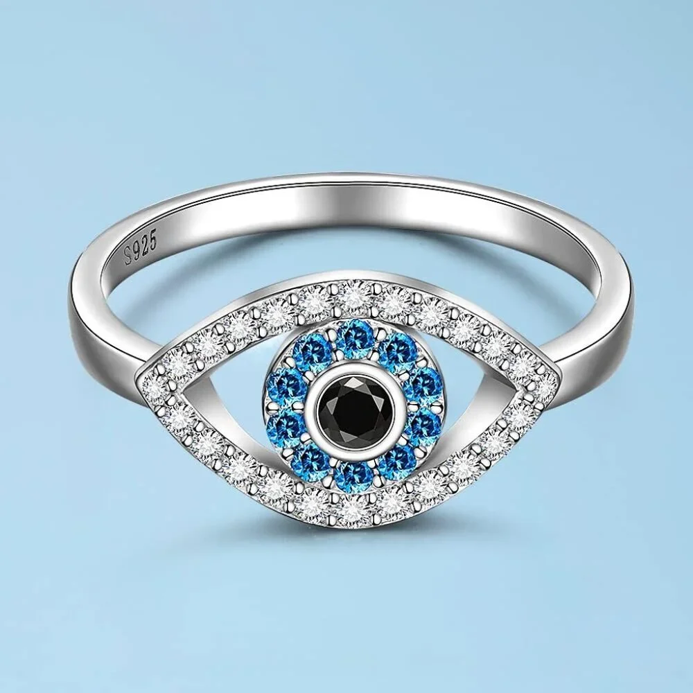 Sterling Silver Evil Eye Ring Women Protective Blue Sapphire Jewelry Size 8 - Picture 7 of 8